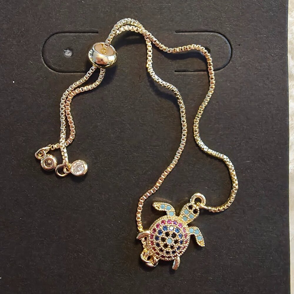 Dainty CZ Sea Turtle Gold Box Chain Adjustable Bracelet. NWT. Coastal Nautical